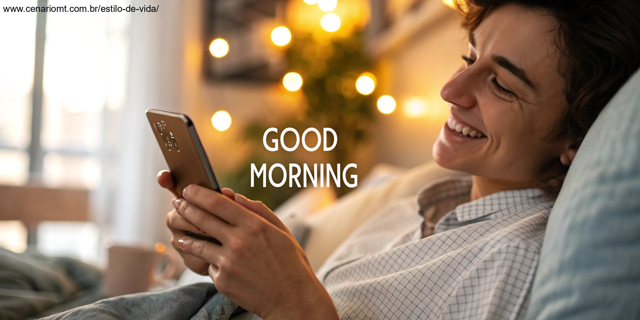 Uma pessoa sorrindo ao ler uma mensagem de 'Bom Dia' no celular, cercada por uma atmosfera acolhedora.
