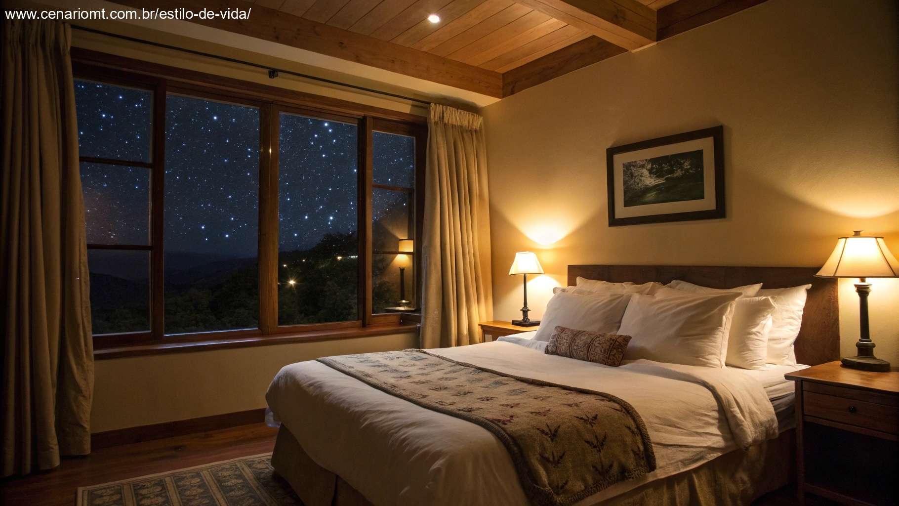 Quarto aconchegante com iluminação suave, cama arrumada e uma janela mostrando a noite escura lá fora, representando a importância de enviar mensagens de boa noite