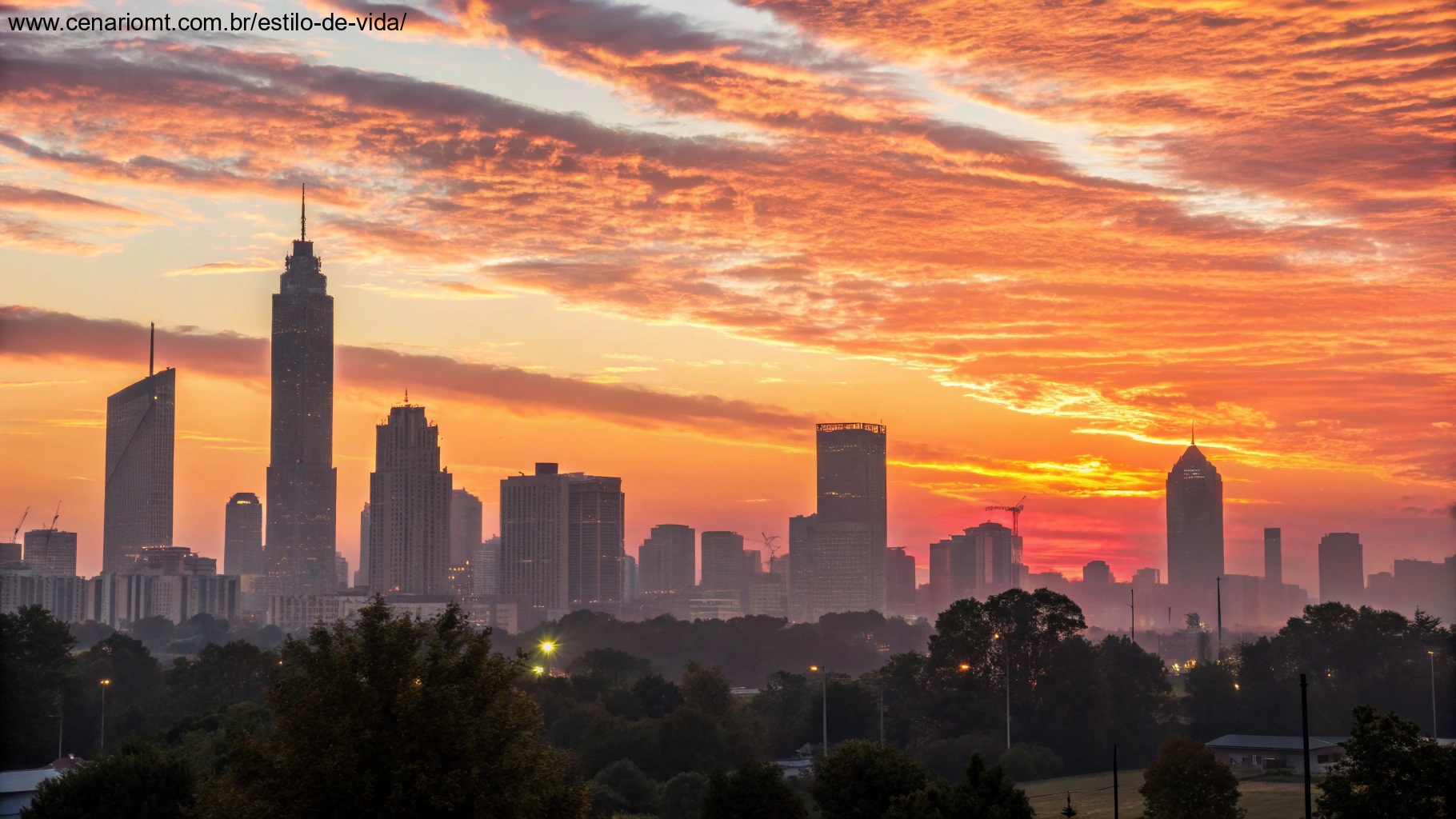Nascer do sol vibrante sobre um horizonte urbano, simbolizando novos começos