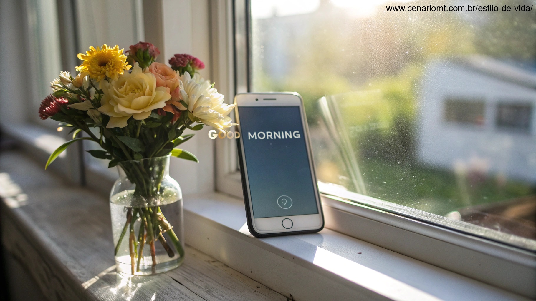 Close-up de um smartphone em um parapeito de janela, exibindo uma mensagem matinal alegre, com um vaso de flores frescas e luz solar entrando, simbolizando a importância de enviar mensagens de bom dia aos sábados.