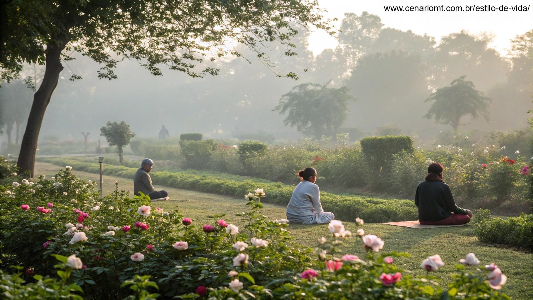 Uma manhã serena em um jardim com pessoas meditando e interagindo pacificamente com a natureza, simbolizando a prática da paz no cotidiano.