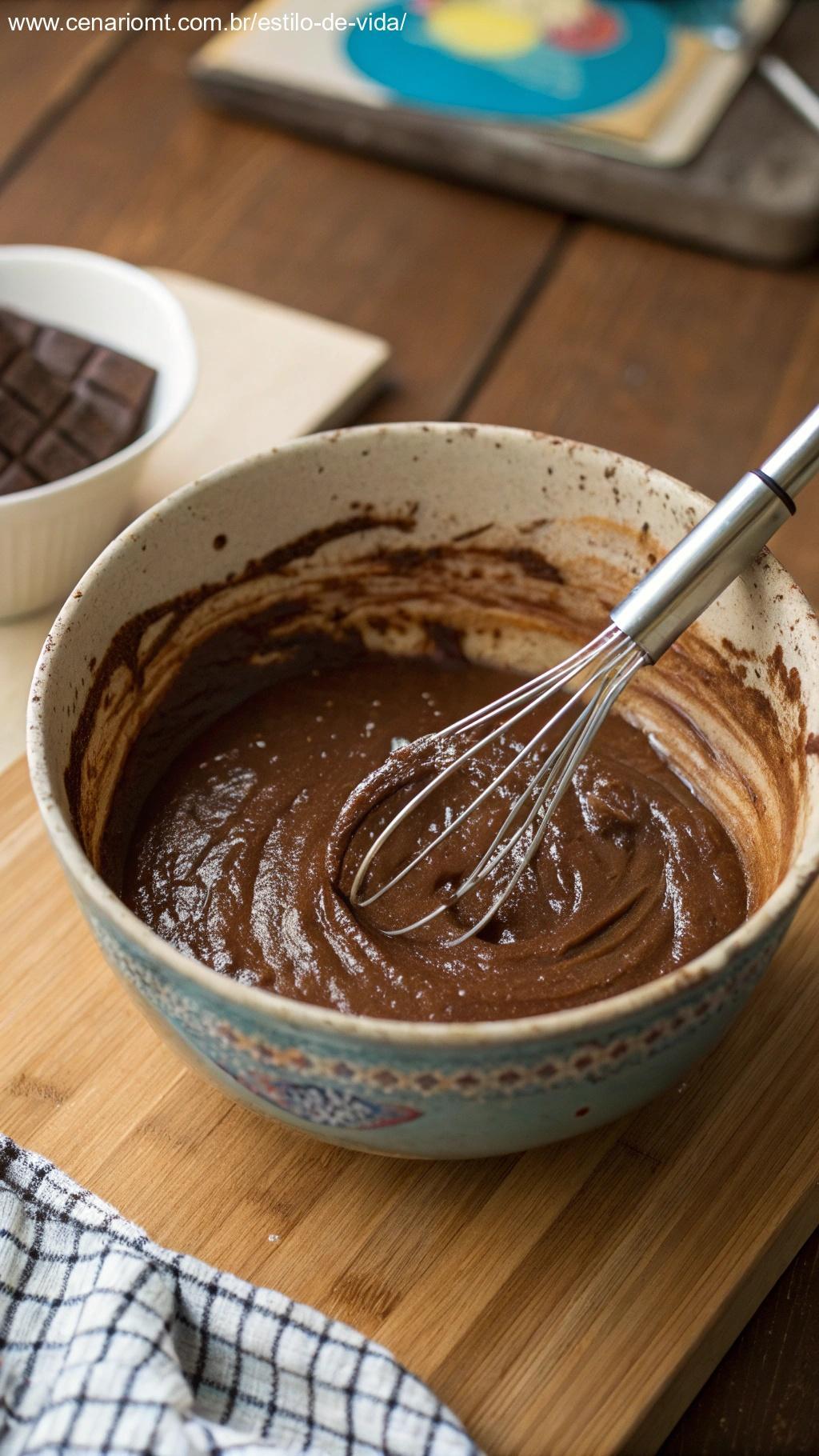 Massa de chocolate lisa sendo preparada em uma tigela, com um batedor ao lado.
