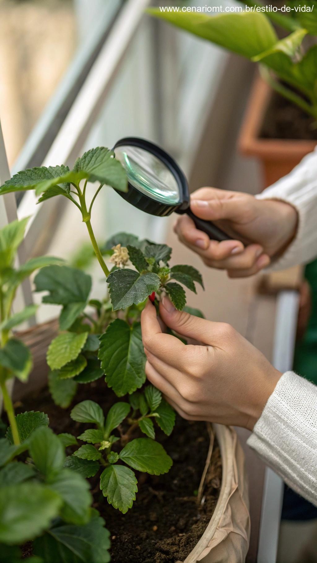 Pessoa inspecionando as folhas de uma planta de interior em busca de sinais de pragas, usando uma lupa