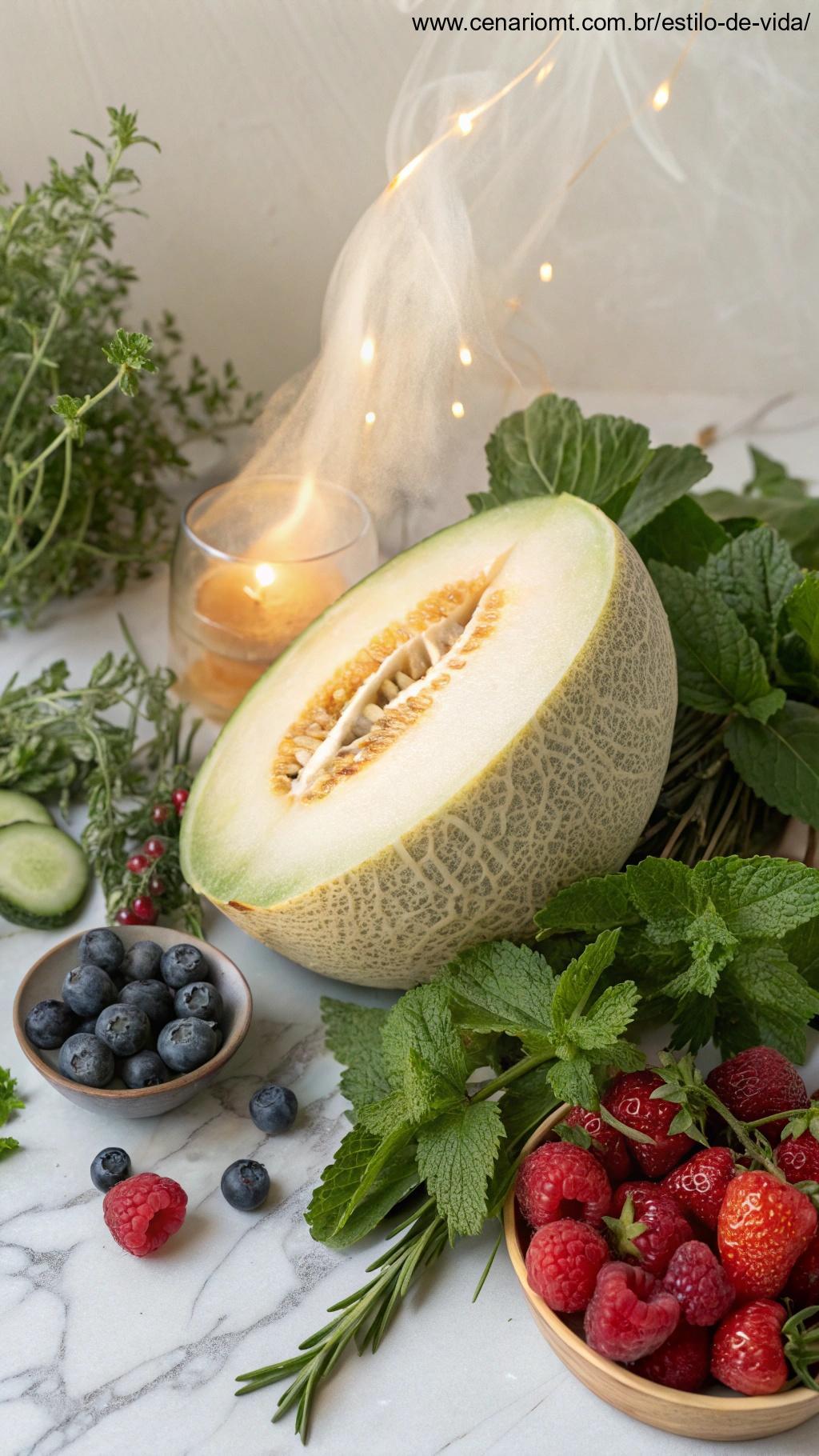 Melão cercado por elementos naturais como ervas e frutas frescas, com um brilho suave representando suas propriedades anti-inflamatórias.