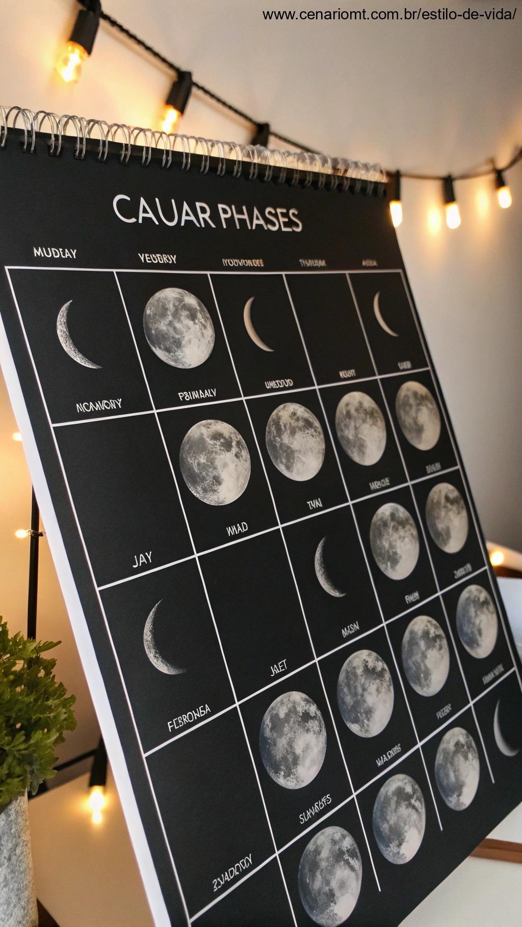 Calendário mostrando as próximas fases da lua, começando pela Lua Nova