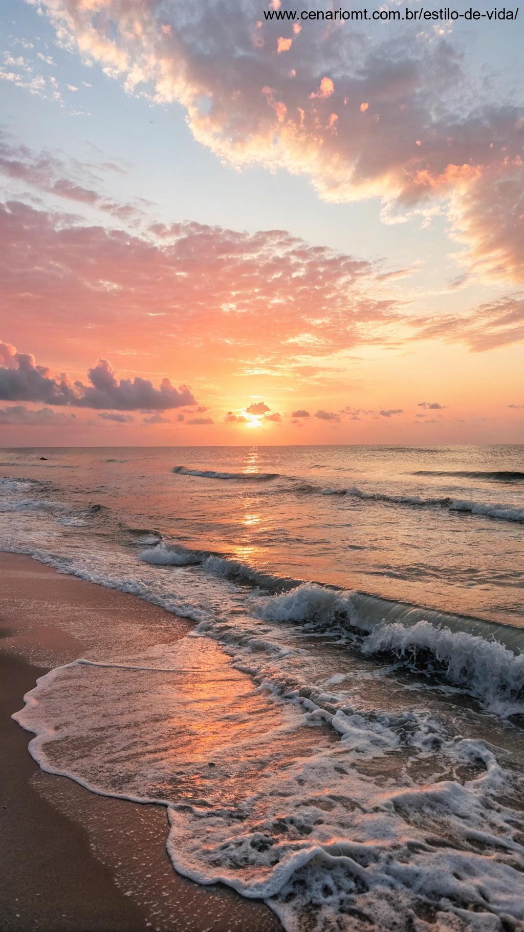 Amanhecer no oceano com ondas suaves, simbolizando a graça divina presente em todos os momentos.