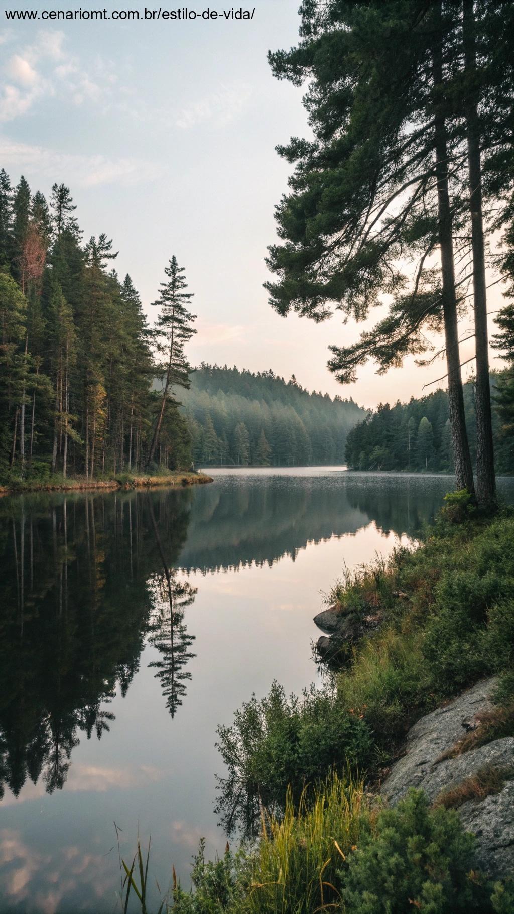 Um lago tranquilo rodeado por árvores, simbolizando paz interior.