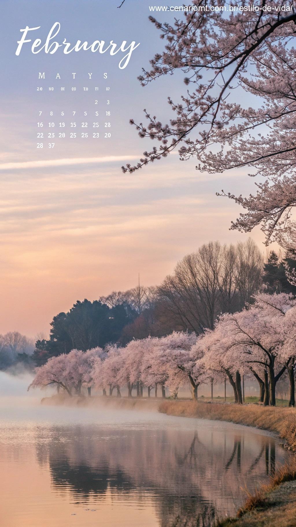 Paisagem tranquila de fevereiro com águas calmas e árvores florescendo, simbolizando realizações e paz.