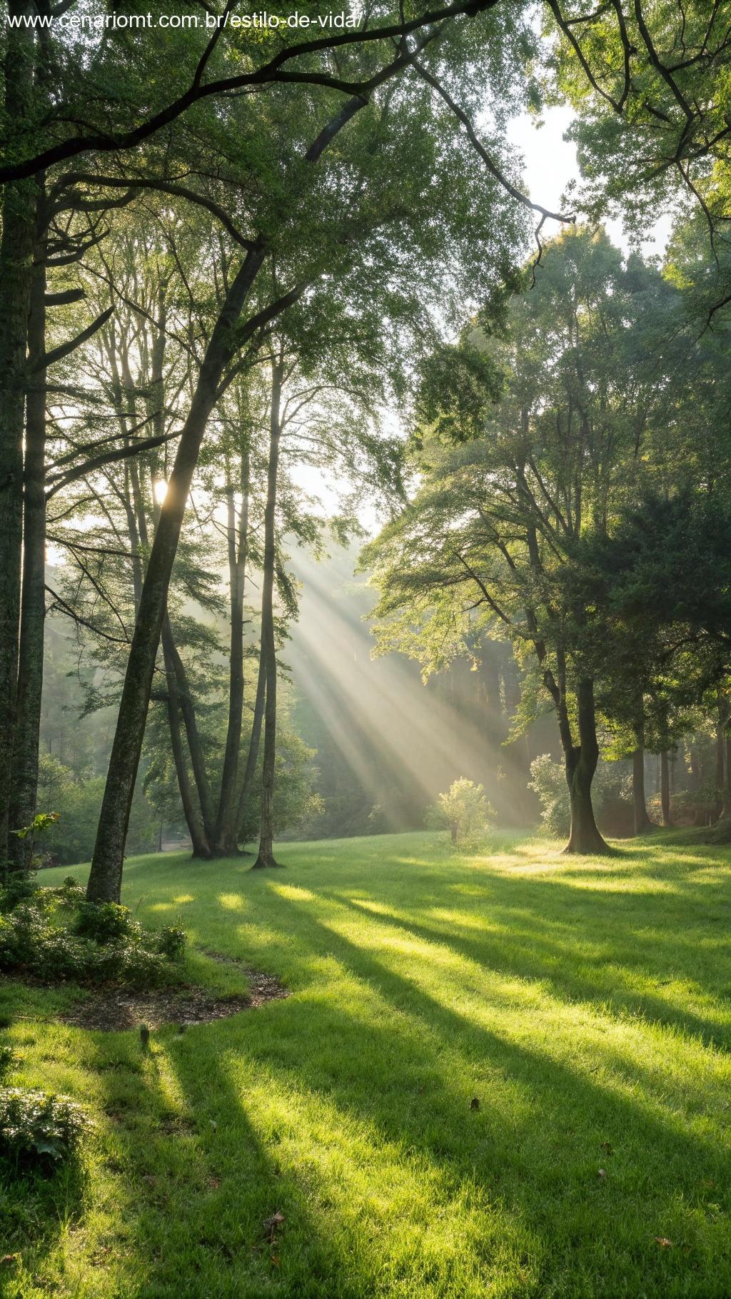 Claridade tranquila em uma floresta com luz suave filtrando pelas árvores.