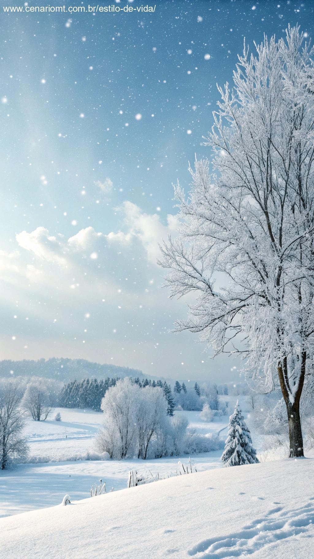 Paisagem de inverno com flocos de neve caindo suavemente.