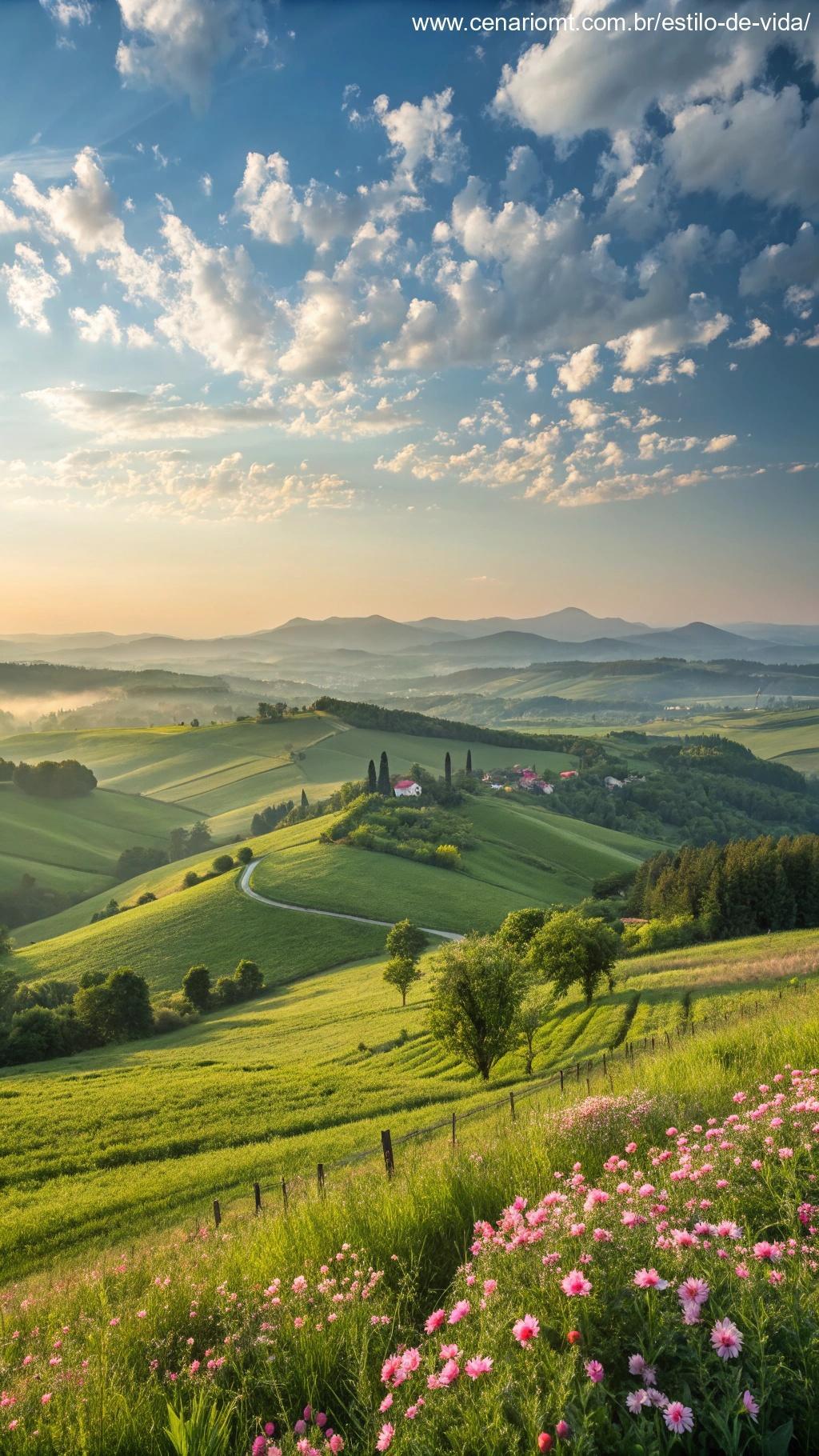 Paisagem próspera cheia de otimismo, simbolizando o desejo de um fevereiro bem-sucedido e próspero.