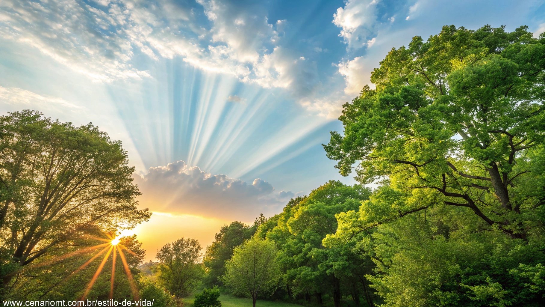Céu vibrante de quinta-feira, com raios de sol atravessando árvores e uma energia de positividade no ar.