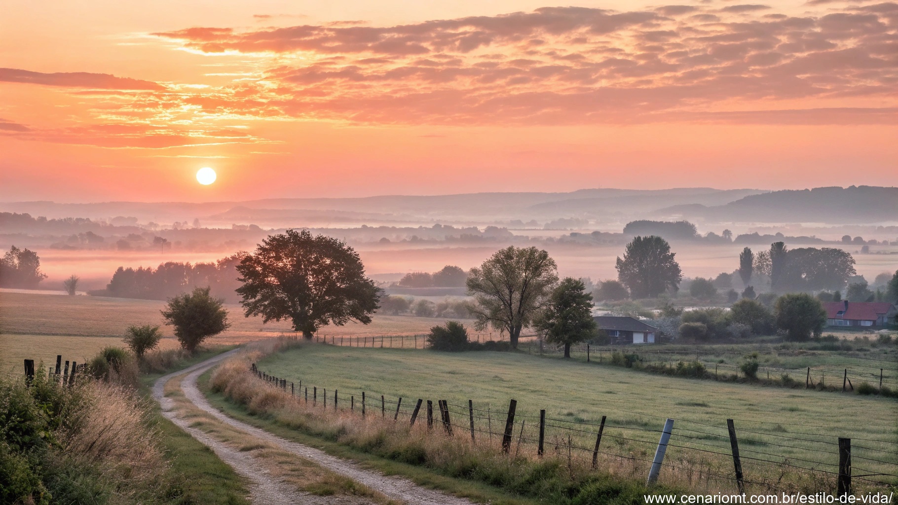 Amanhecer acolhedor com o sol iluminando um campo tranquilo, simbolizando esperança e novos começos.
