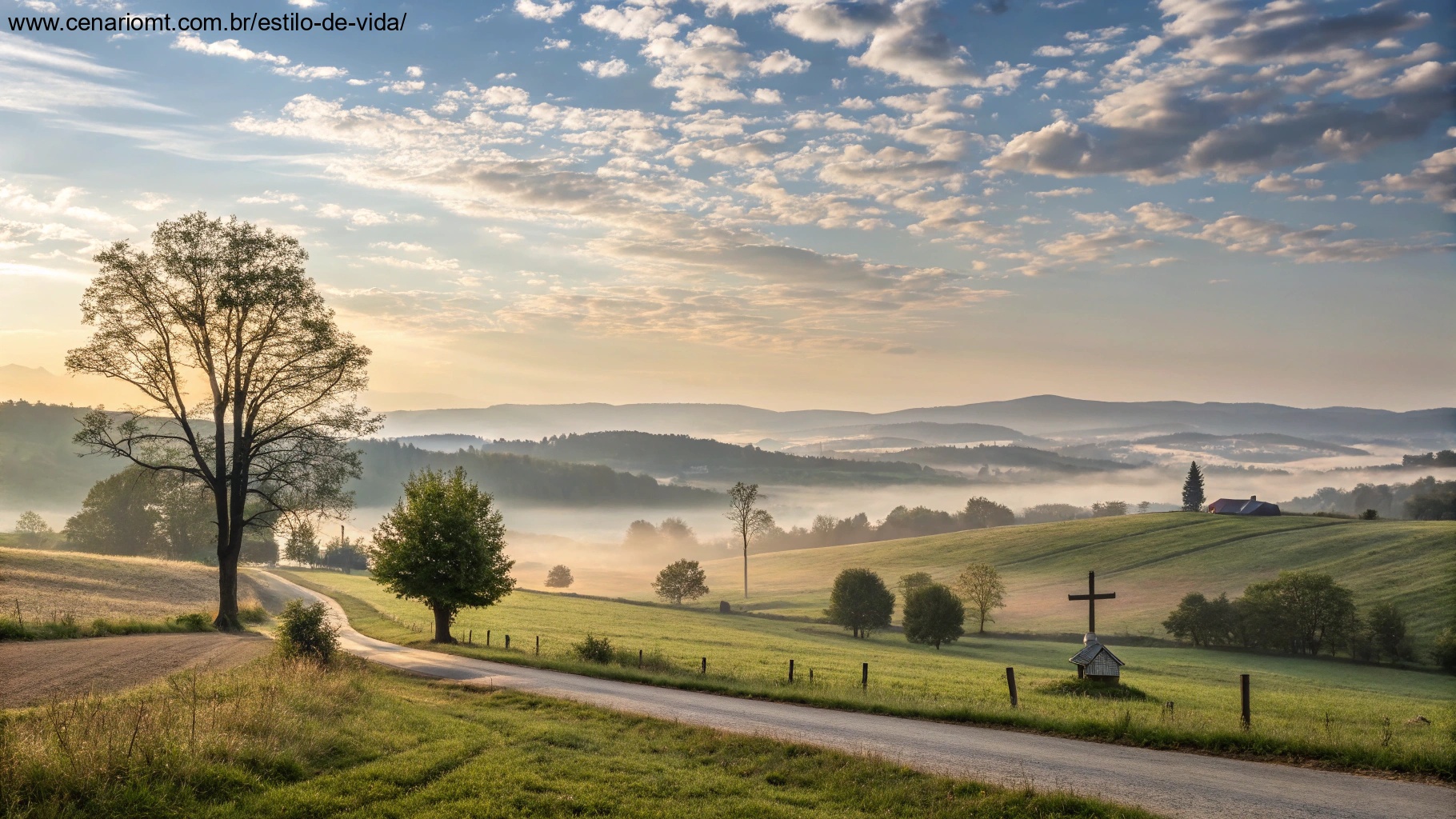 Imagem de uma paisagem tranquila ao amanhecer, simbolizando confiança e fé em Deus, com luz suave e nuvens leves.