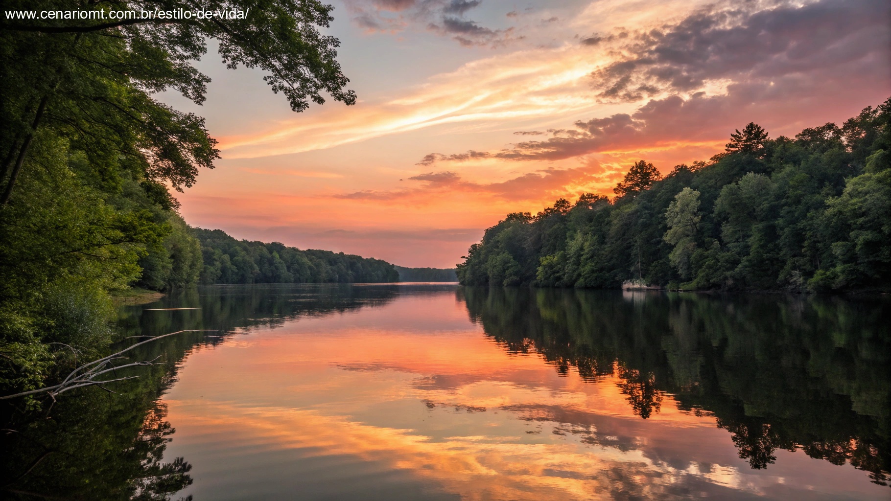 Um pôr do sol sobre um lago calmo, simbolizando uma reflexão final sobre o dia e os Salmos, com uma sensação de paz e encerramento.