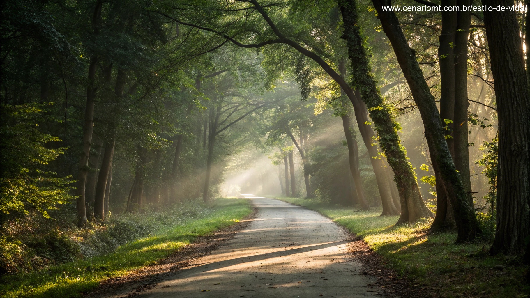 Um caminho tranquilo na floresta iluminado pela luz suave do sol, convidando à reflexão e à paz para um momento no meio da semana.