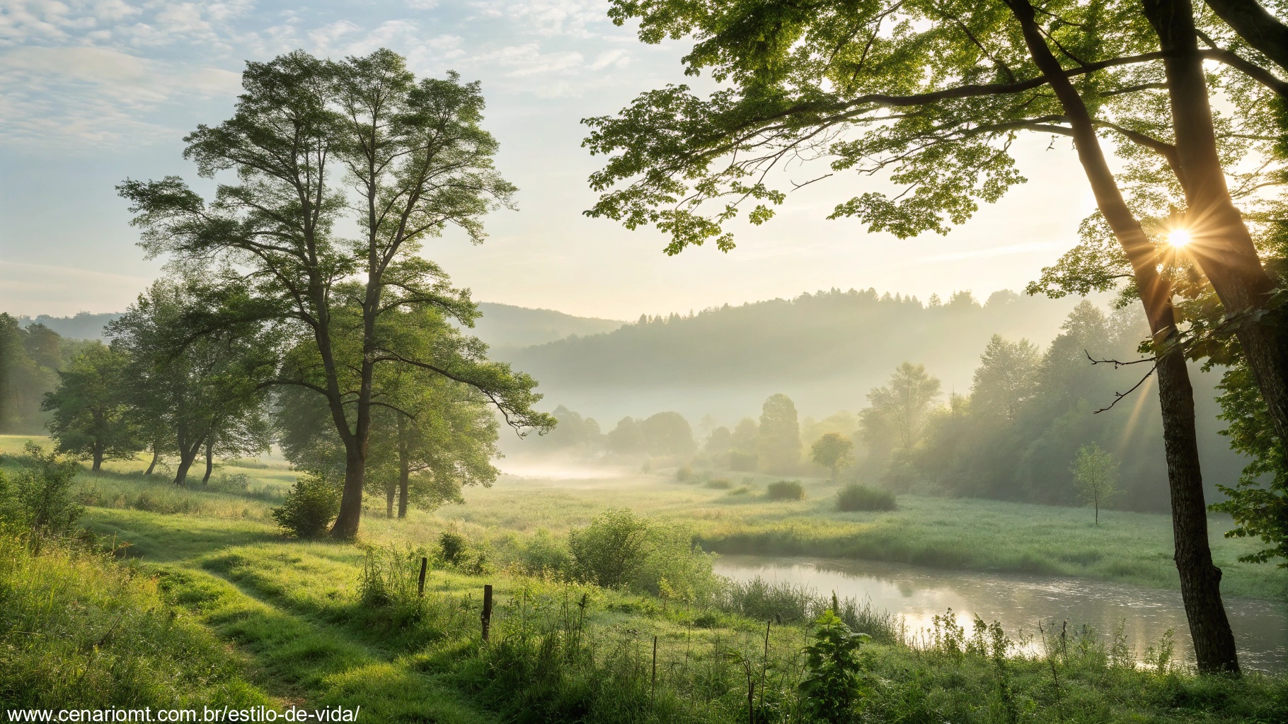 imagem de uma paisagem tranquila ao amanhecer com luz suave e árvores