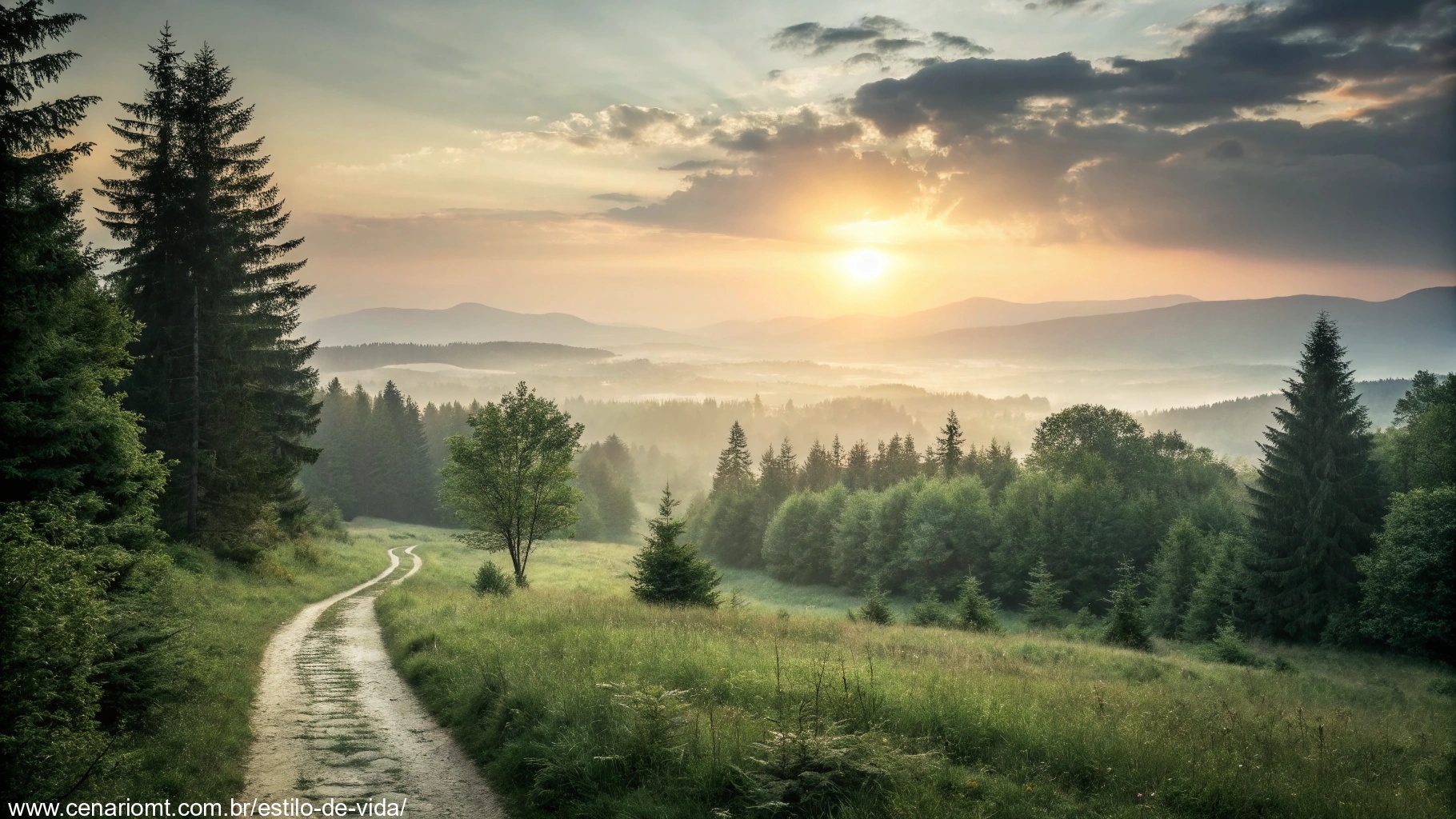 imagem de uma paisagem serena com um sol nascente ao fundo, simbolizando esperança e renovação