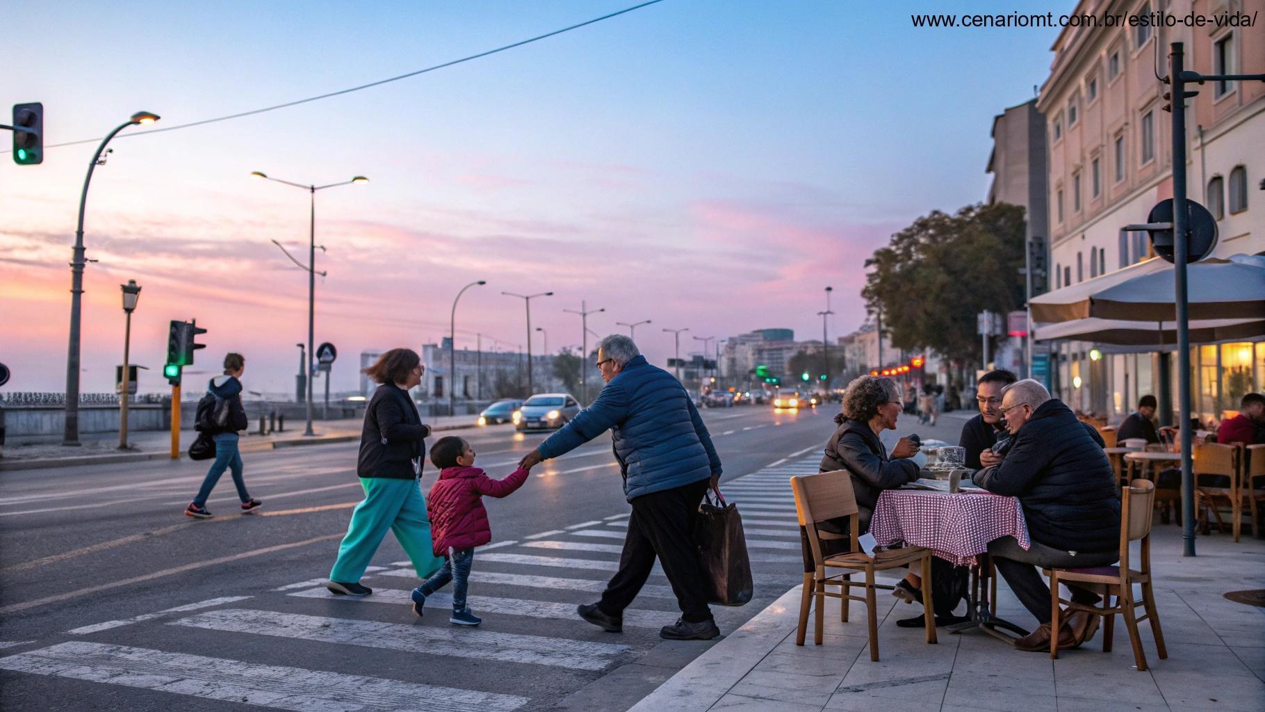 Uma cena pacífica da cidade ao amanhecer, com pessoas de diferentes origens praticando atos diários de bondade e respeito mútuo.