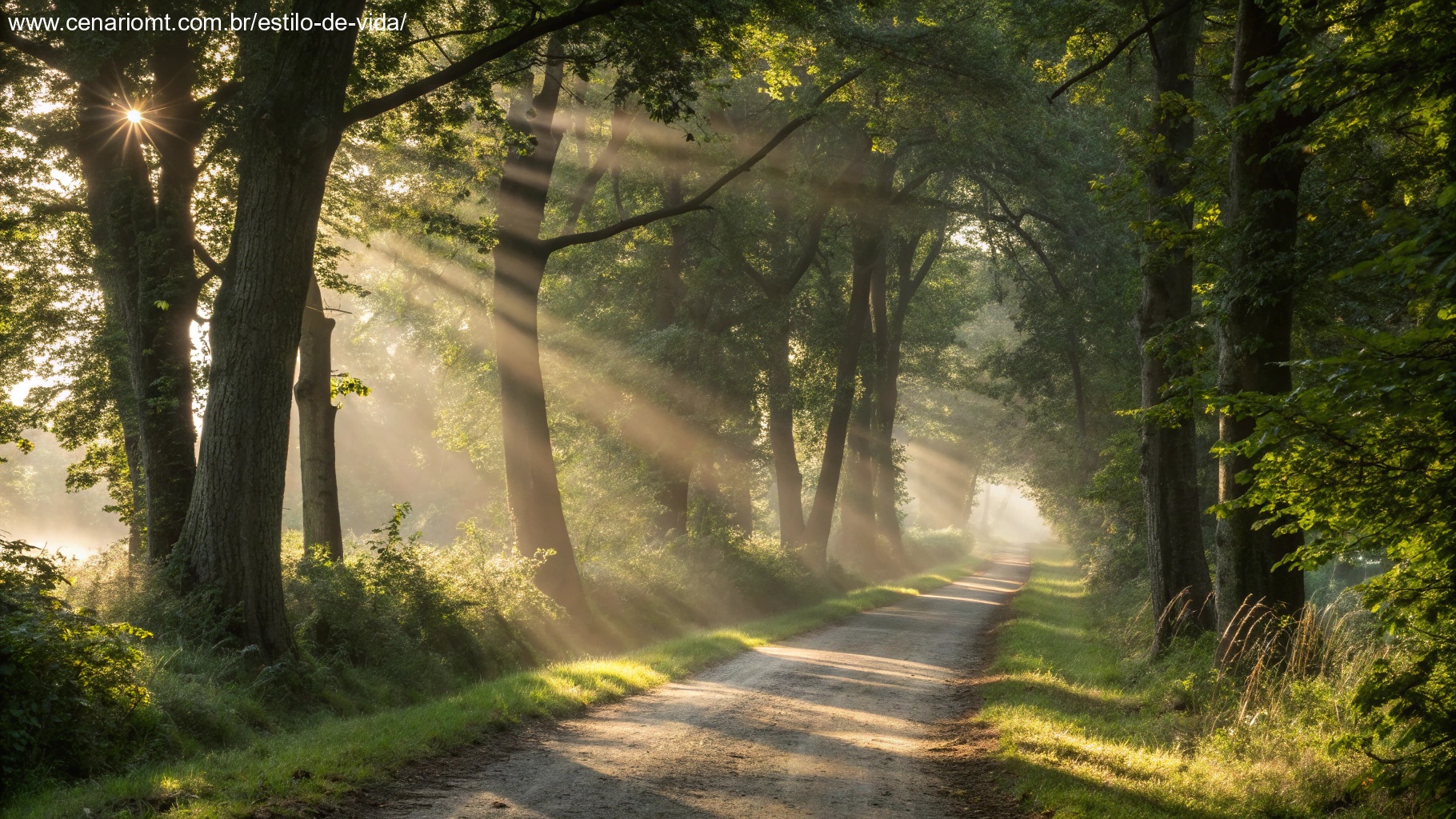Uma trilha tranquila na floresta iluminada pela luz suave da manhã, com raios de sol filtrando pelas árvores, convidando à reflexão e à calma para uma segunda-feira abençoada.