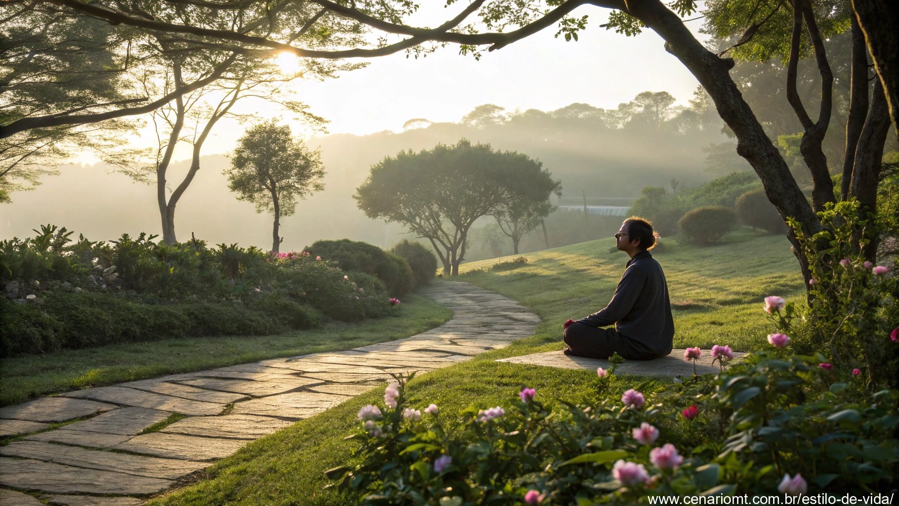 Pessoa meditando em um jardim tranquilo ao nascer do sol
