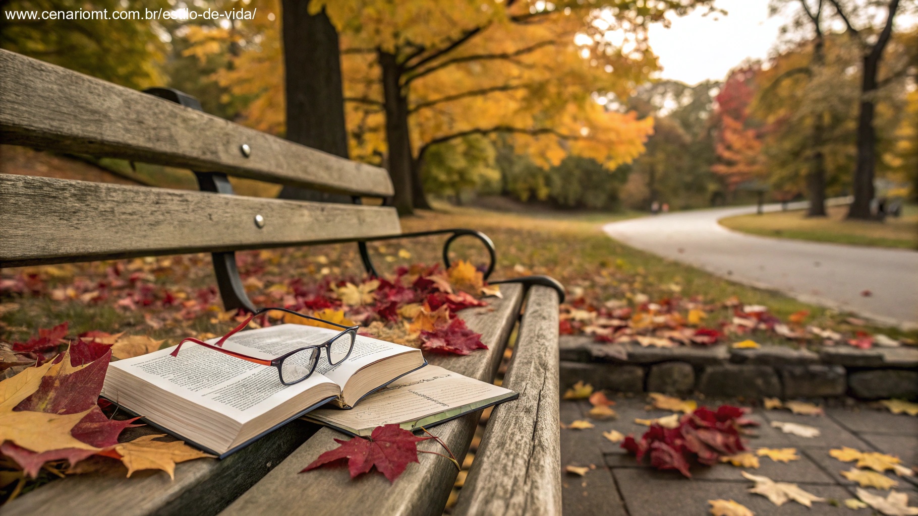 Um banco de parque tranquilo cercado por folhas de outono, com um livro e um par de óculos, convidando à reflexão e ao mindfulness para o dia.