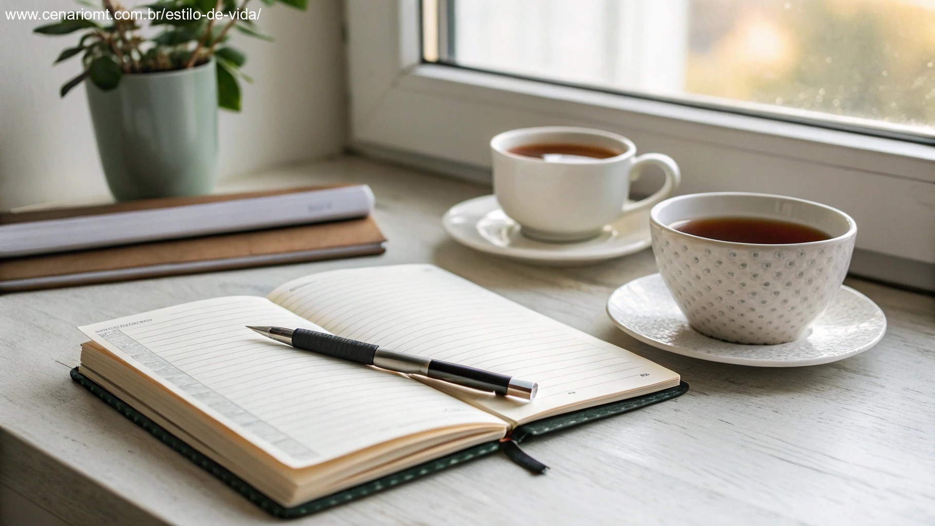 Uma mesa de trabalho tranquila com um caderno, uma caneta e uma xícara de chá, com luz natural suave entrando por uma janela, incentivando reflexão e inspiração.