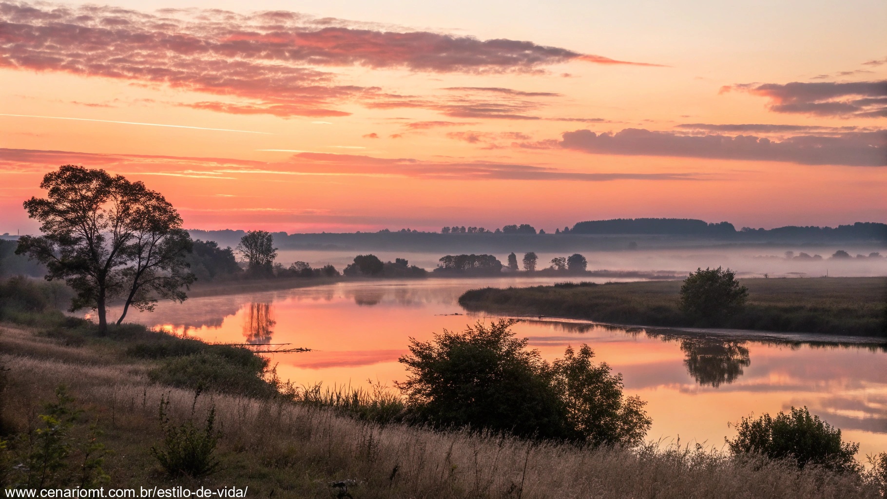 imagem de um amanhecer tranquilo com luz suave e paisagem serena