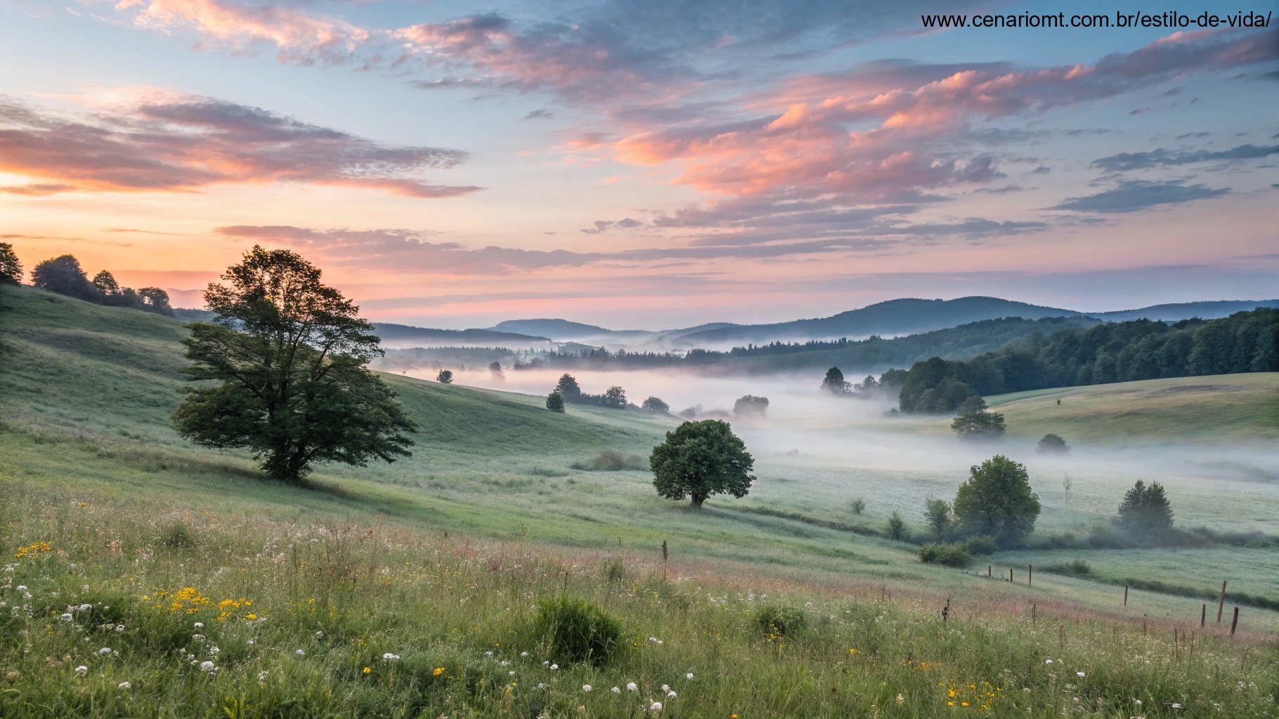imagem de uma paisagem serena ao amanhecer, com luz suave projetando tons quentes sobre um cenário pacífico, evocando calma e inspiração