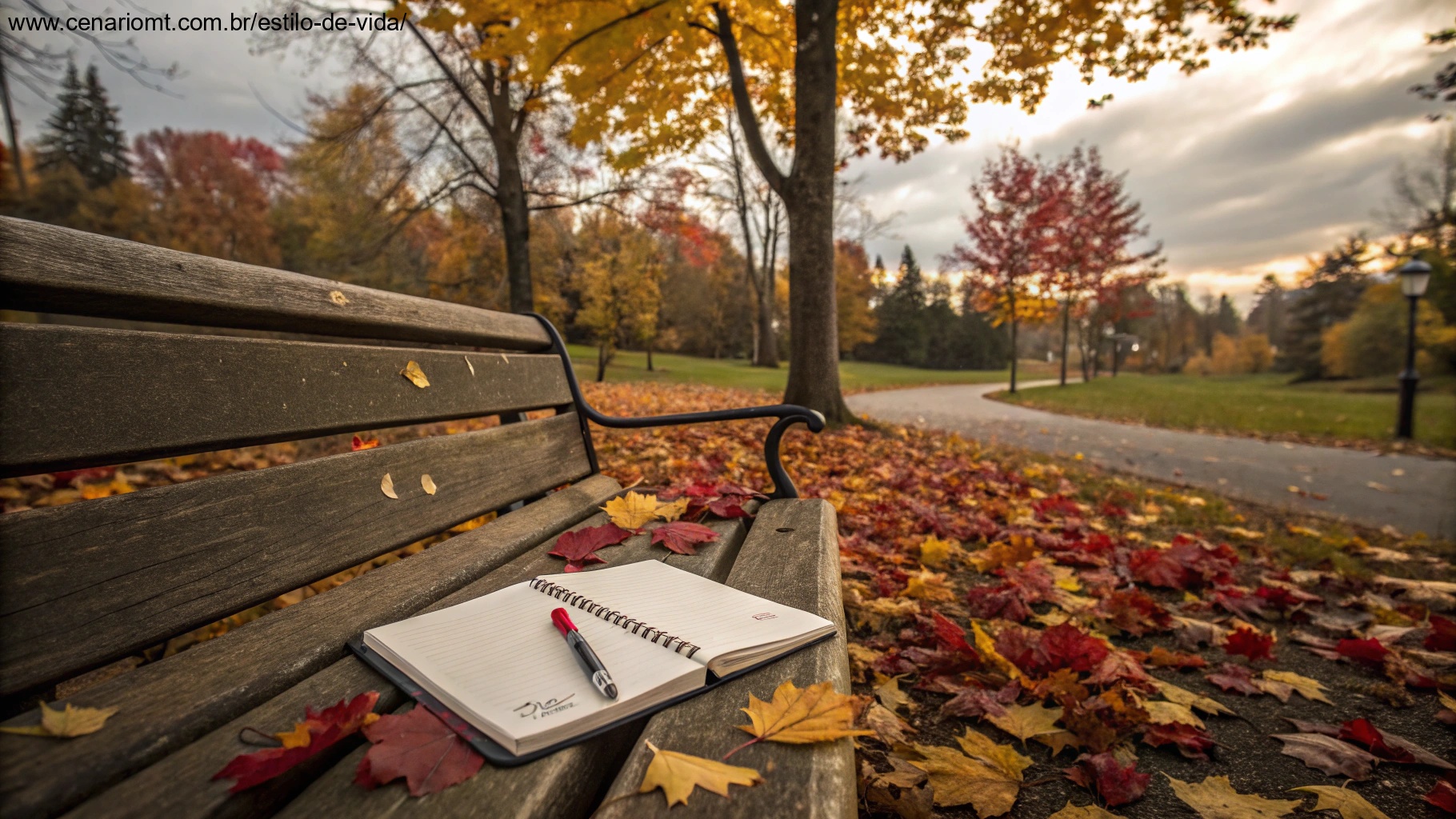 Banco de parque tranquilo cercado por folhas de outono, com um caderno e uma caneta sobre ele, convidando à reflexão e introspecção em uma manhã de quinta-feira.
