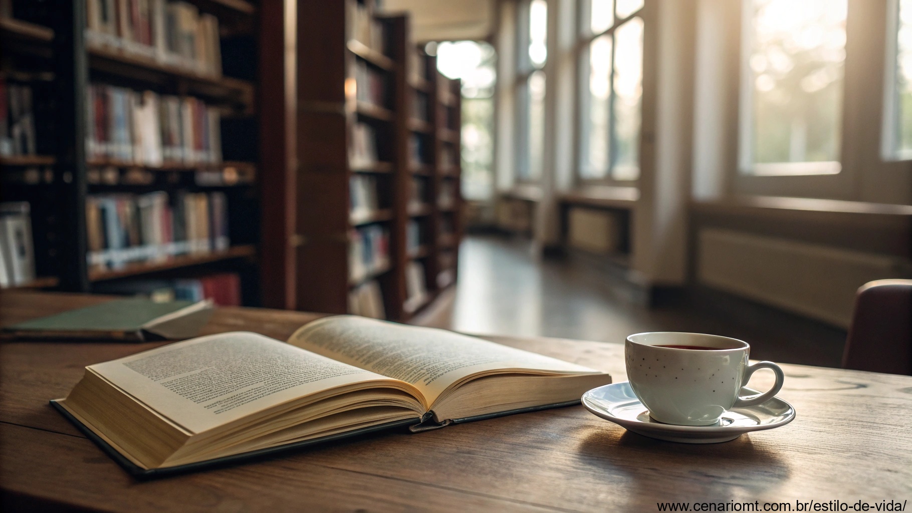 Biblioteca silenciosa com um livro aberto sobre uma mesa de madeira, uma xícara de chá ao lado e luz suave entrando por uma janela, evocando reflexão e significado para uma quarta-feira.