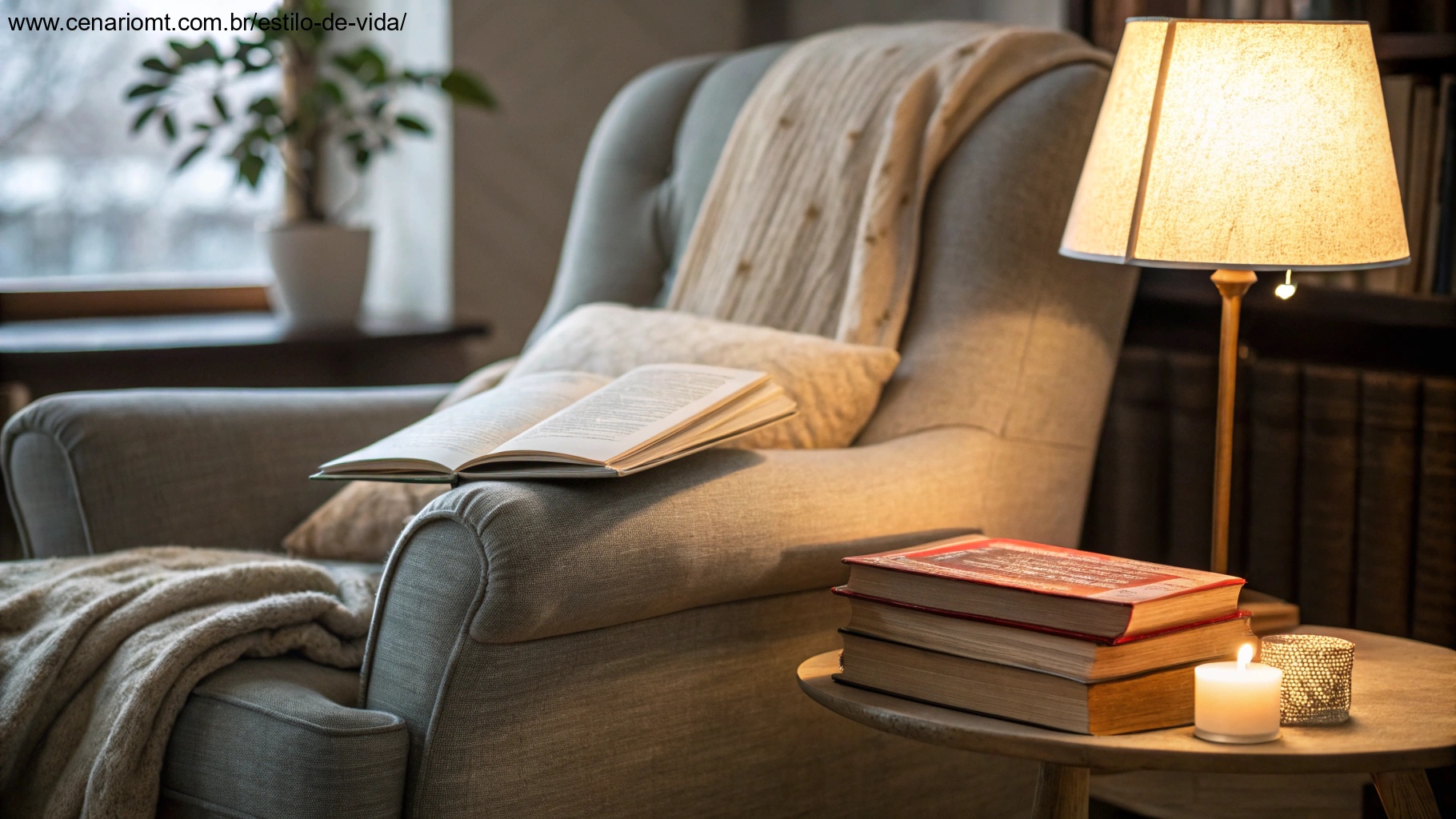 Um cantinho aconchegante para leitura com uma cadeira confortável, uma pilha de livros e uma luz quente, convidando à reflexão e inspiração para uma quinta-feira significativa.