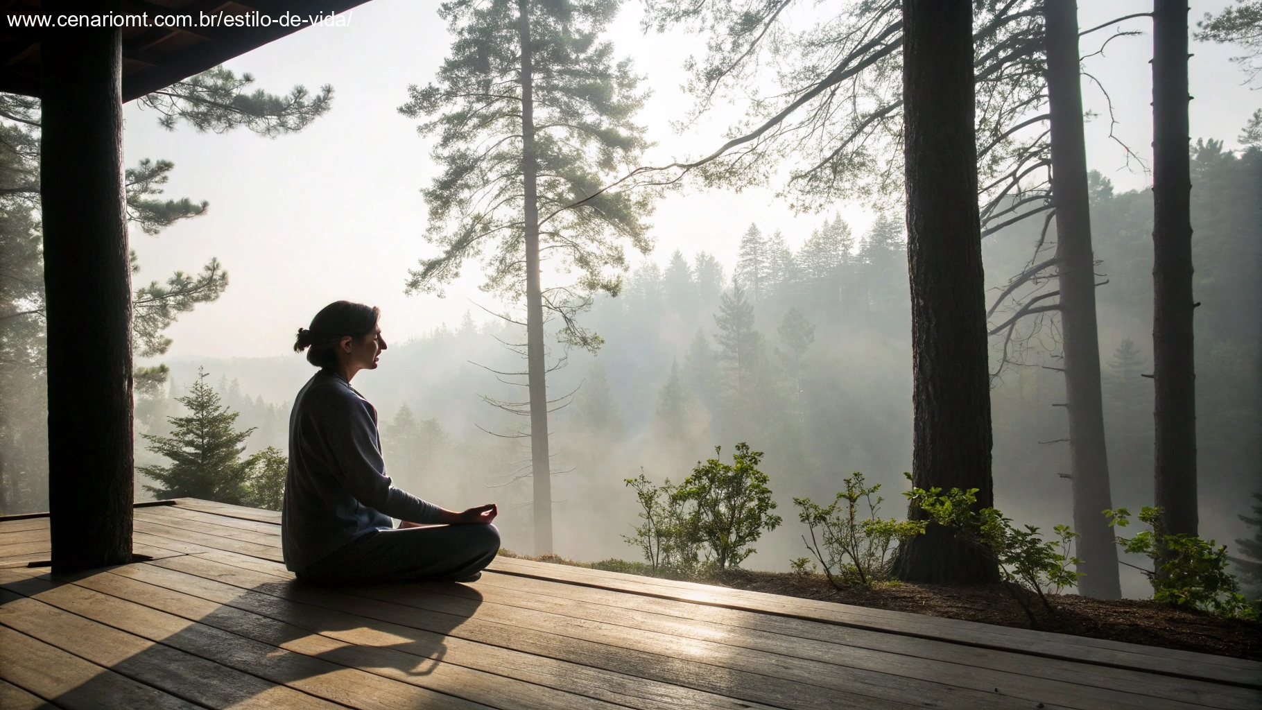 Cena de meditação tranquila com uma pessoa sentada de pernas cruzadas em um deck de madeira com vista para uma floresta nebulosa, simbolizando mindfulness e reflexão para uma quinta-feira consciente.