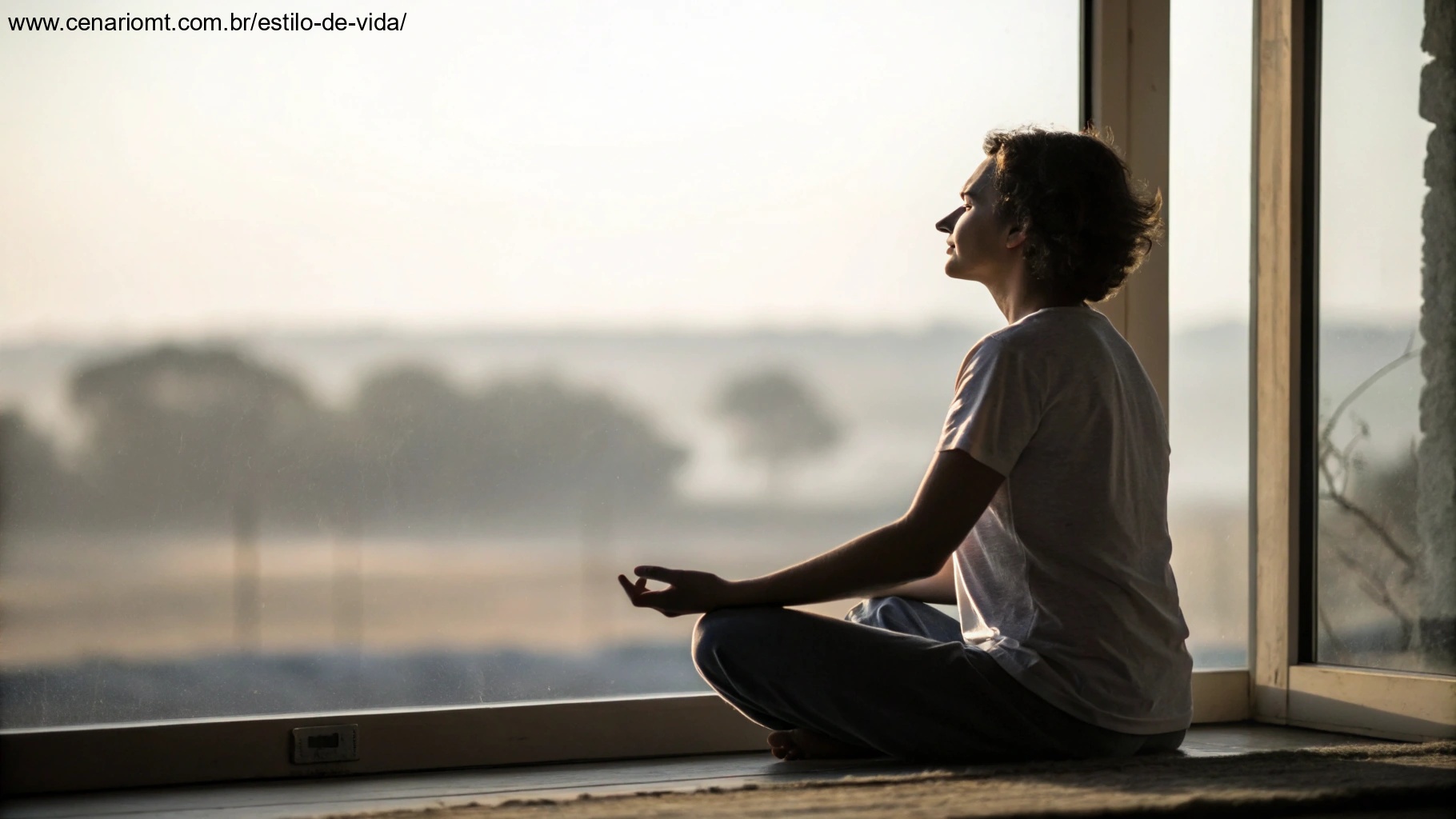 Imagem contemplativa de uma pessoa meditando próximo a uma janela com luz matinal, simbolizando reflexões para uma terça-feira abençoada.