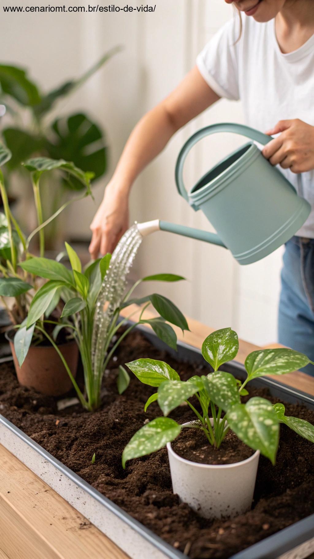 Pessoa regando plantas de interior com um regador, garantindo que o solo esteja úmido, mas não encharcado