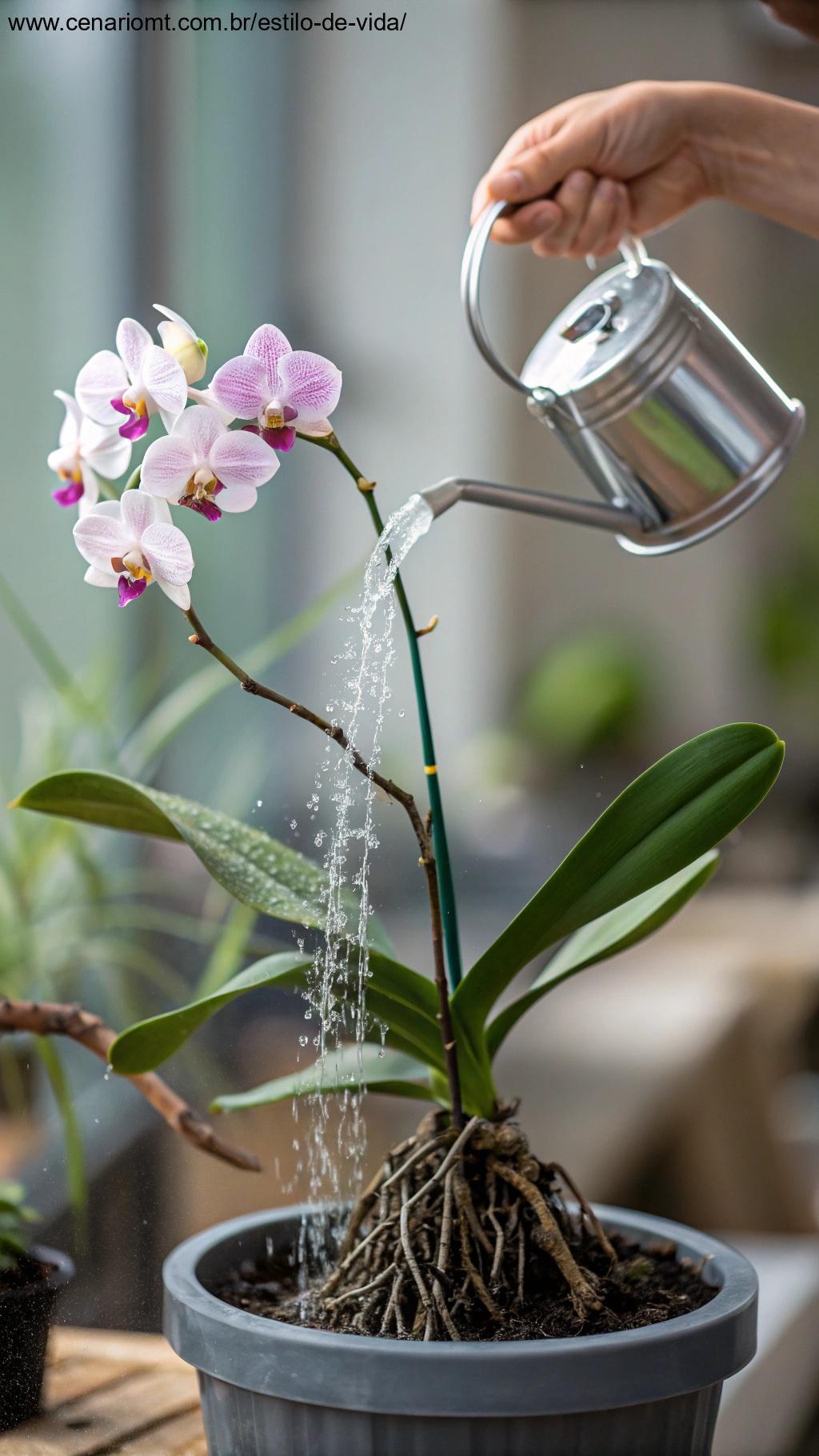 Mão regando suavemente uma orquídea com um regador