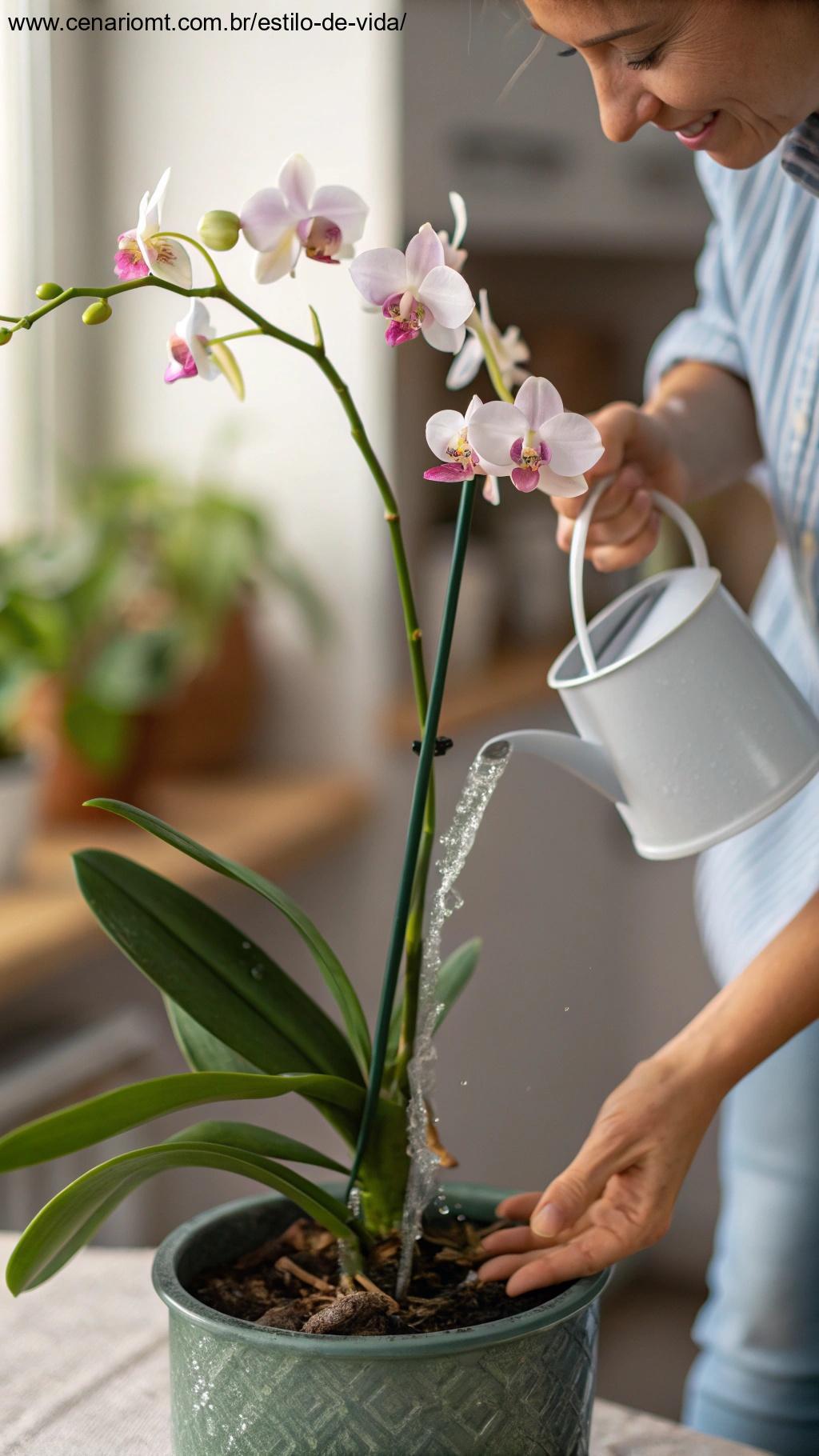 Uma pessoa regando suavemente uma planta de orquídea com um regador, garantindo que a água seja aplicada com moderação na base