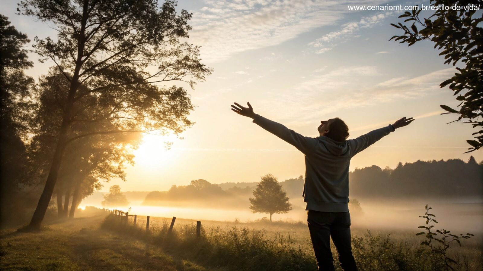 imagem de uma manhã serena com uma pessoa de frente para o nascer do sol
