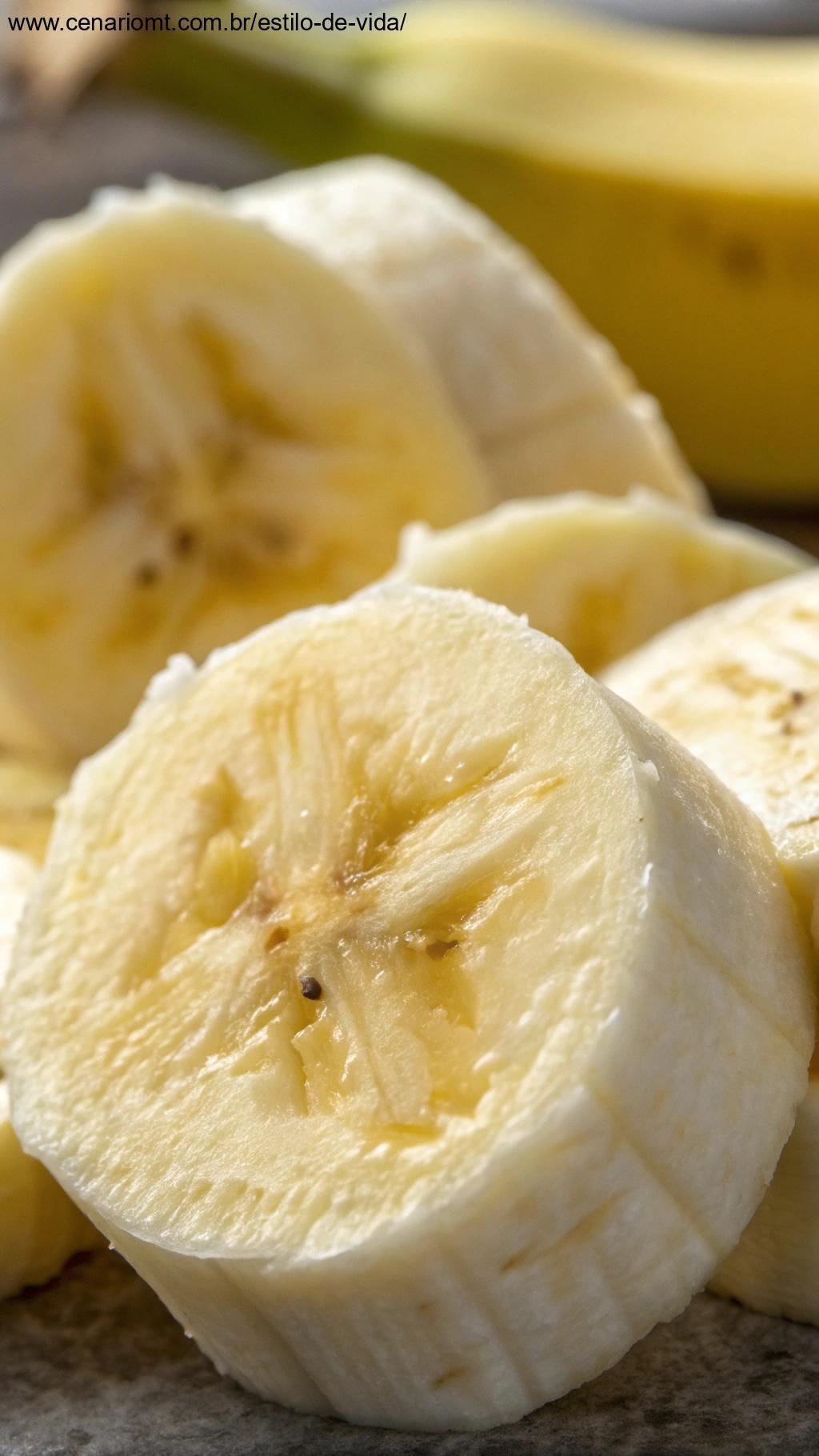 Fatias de banana mostrando a polpa amarela, destacando sua textura rica e o conteúdo de potássio.