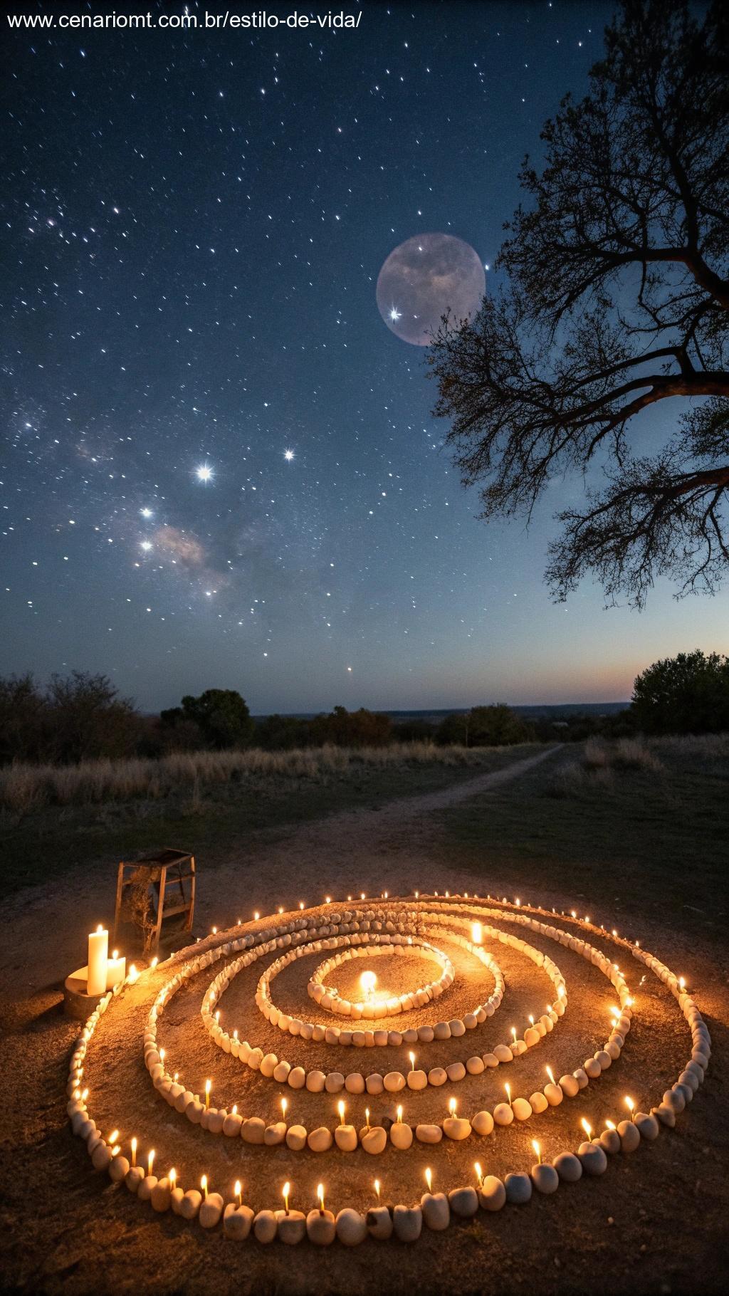 Um círculo de velas dispostas em padrão espiral, brilhando suavemente sob um céu estrelado, simbolizando rituais de manifestação durante a lua nova.