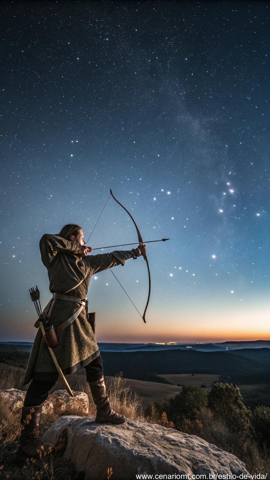 Sagitário arqueiro destemido mirando uma flecha para as estrelas, com um horizonte vasto ao fundo