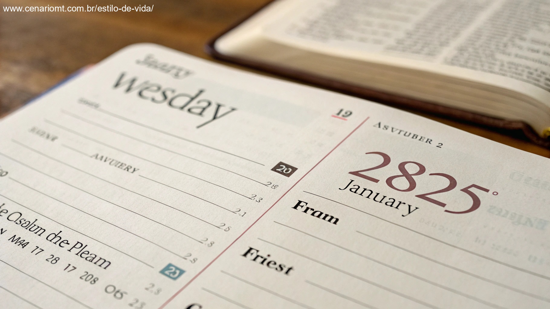 Uma página de calendário mostrando a data terça-feira, 28 de janeiro de 2025, com uma imagem sutil de um Salmo ao fundo.