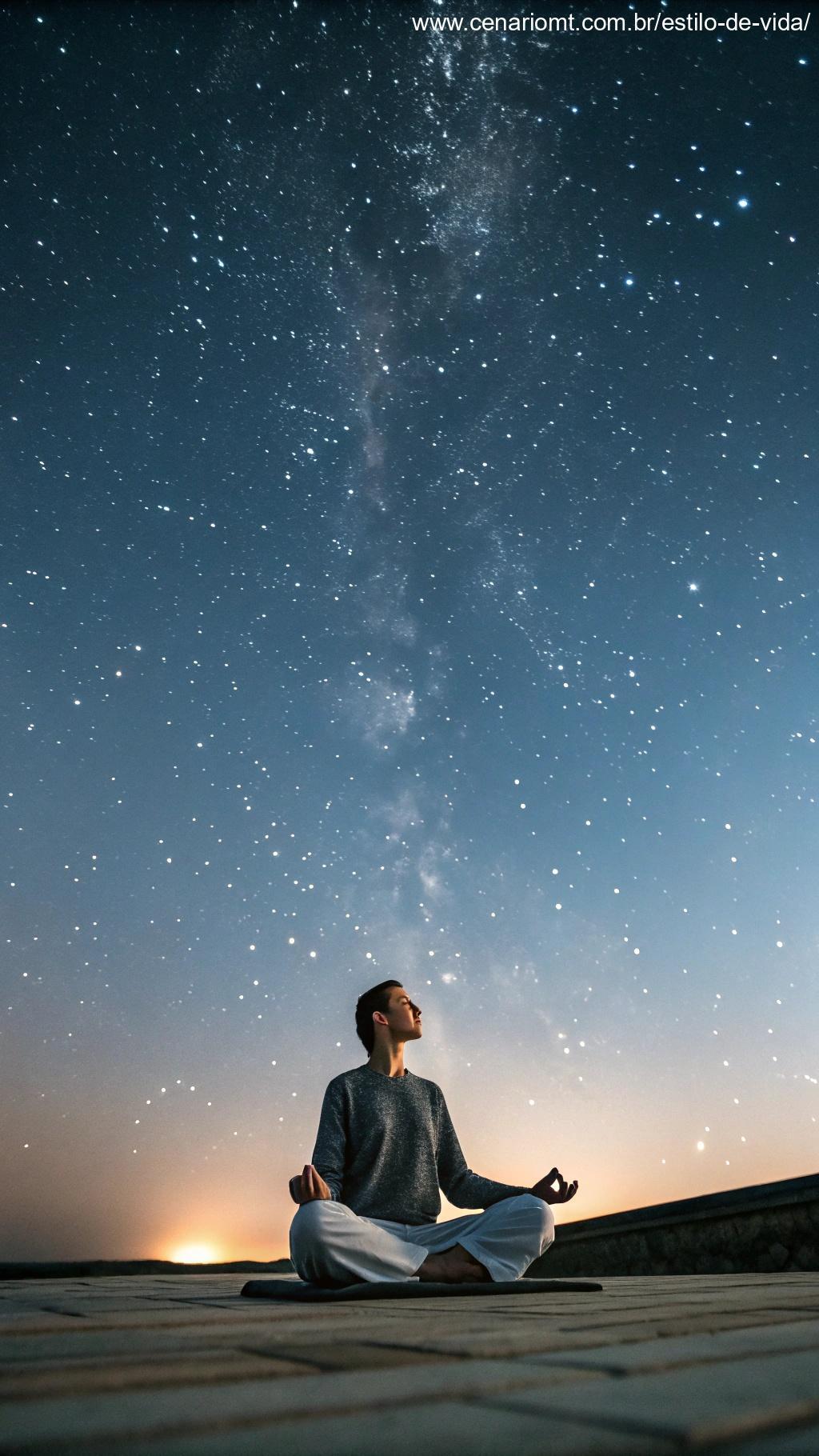 Uma pessoa meditando sob um céu estrelado, com uma expressão calma, simbolizando o foco na saúde e bem-estar durante a lua nova.