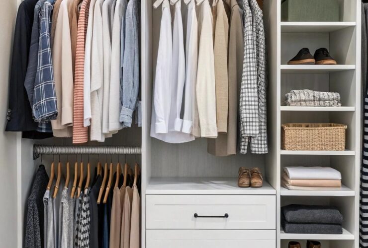 Um armário limpo e organizado com roupas, cabides e gavetas arrumadas, mostrando dicas eficazes para manter armários e gavetas impecáveis sem mofo