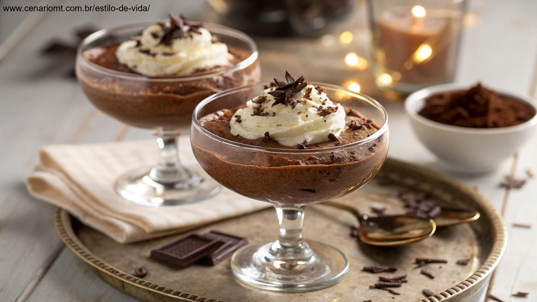 Mousse de chocolate decorada com creme e raspas de chocolate