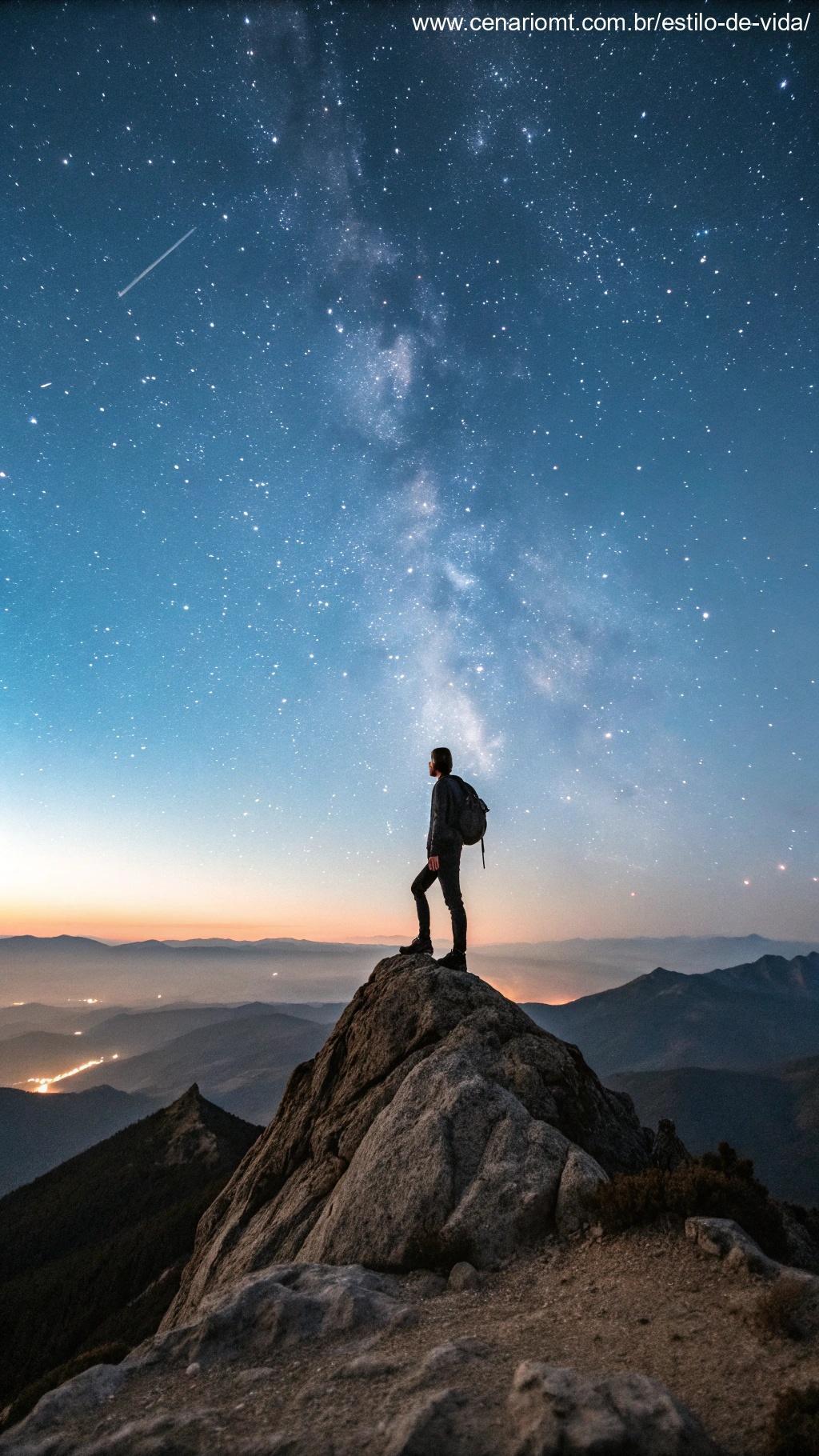 Pessoa no topo de uma montanha olhando para as estrelas, simbolizando que sonhos se tornam realidade com esforço.
