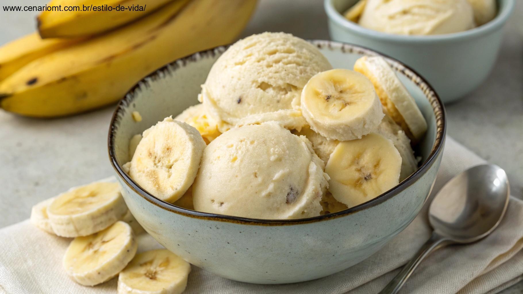 Sorvete caseiro de banana servido com fatias de banana por cima