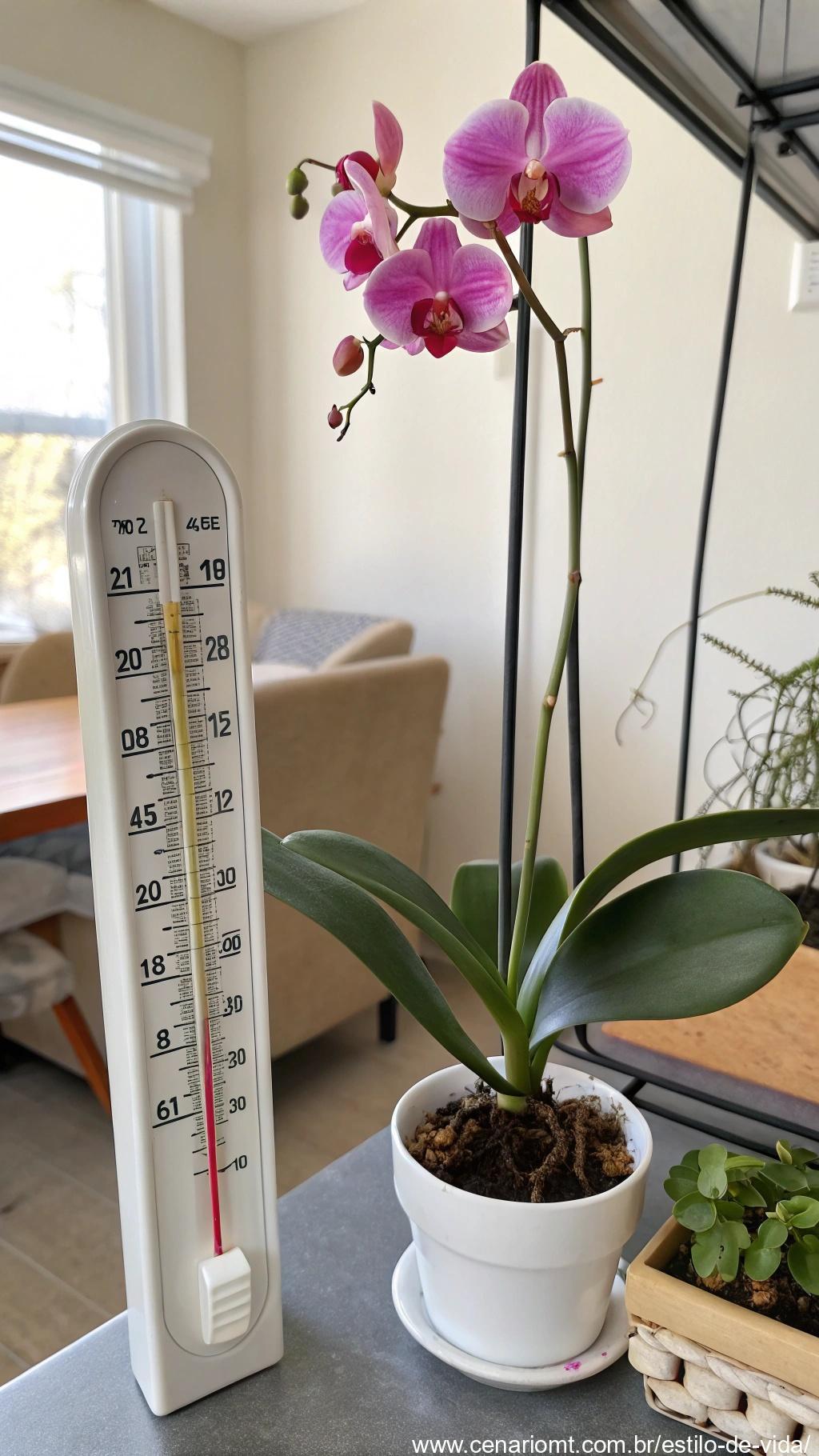 Orquídea em um ambiente com termômetro, destacando a temperatura adequada