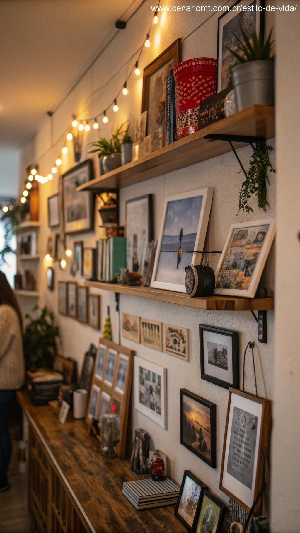 espaço pessoal decorado com fotos e objetos significativos