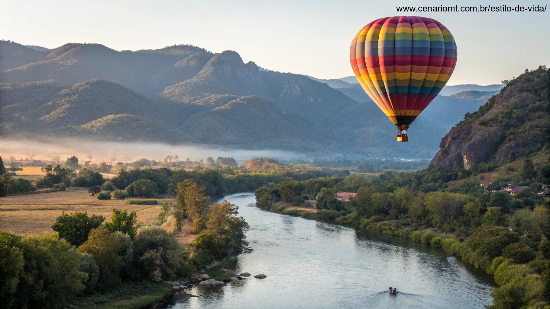 Um balão de ar quente colorido flutuando sobre uma paisagem pitoresca com montanhas e um rio, simbolizando aventura e transformando a terça-feira em um dia memorável.